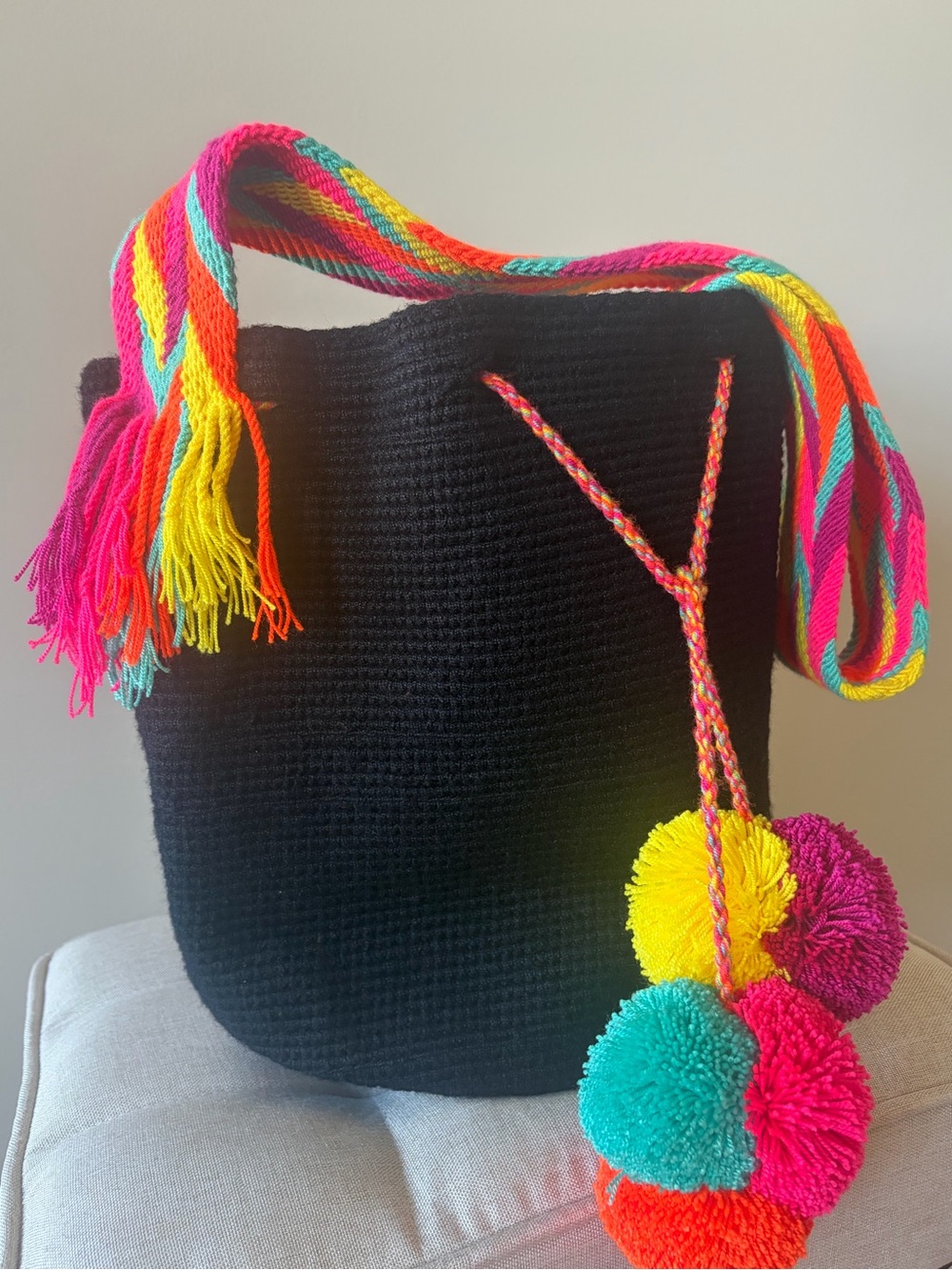 Genuine Colombian Mochilla-Black Crochet Bucket Bag with Pom Pom’s